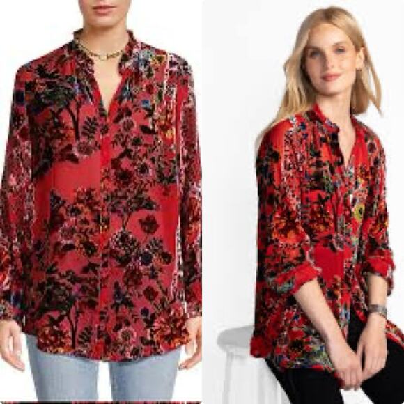 NWT $328 Johnny Was Silk M Red Yoella Burnout Tunic Top - Picture 1 of 9